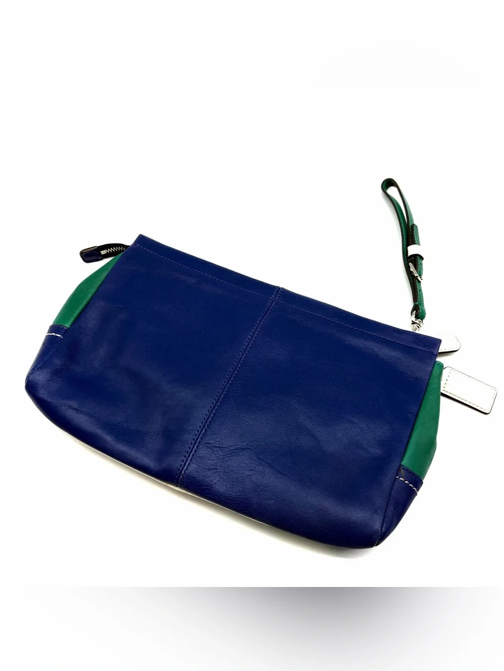 Coach Navy, White & Green Leather Color Block Large Wristlet Clutch Bag Zip Lock